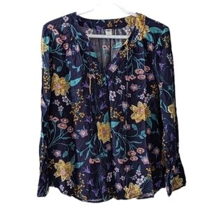 Old navy 100% rayon viscose green blue lace front floral shirt blouse top Medium